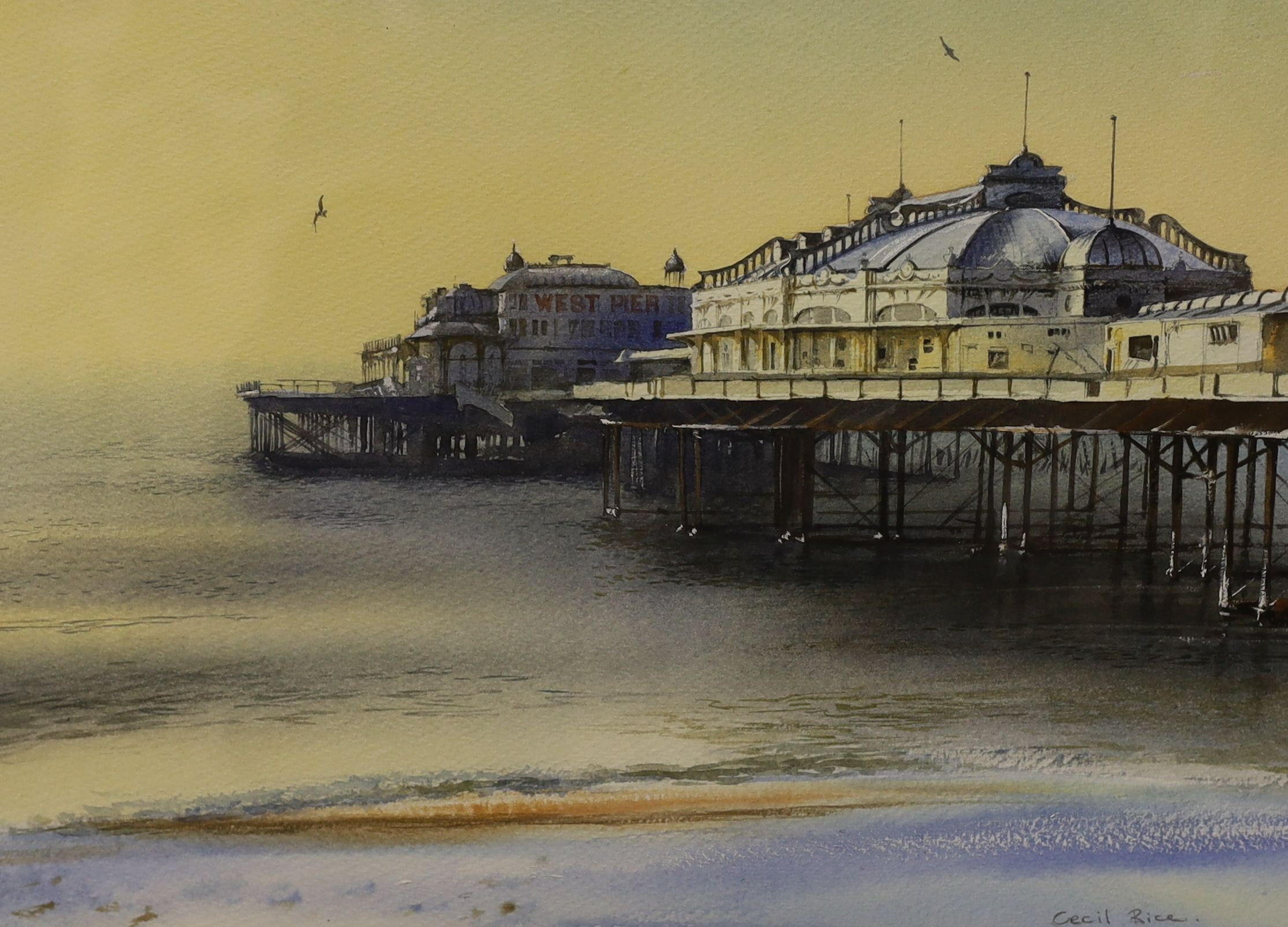 Sussex Interest: A watercolour of the West Pier, Brighton by Cecil Rice, 25 x 35cm, a Graham Clark print, 'Vita's White Garden', 27 x 34cm and two limited edition prints by Kathleen Caddick and Darren Wallace